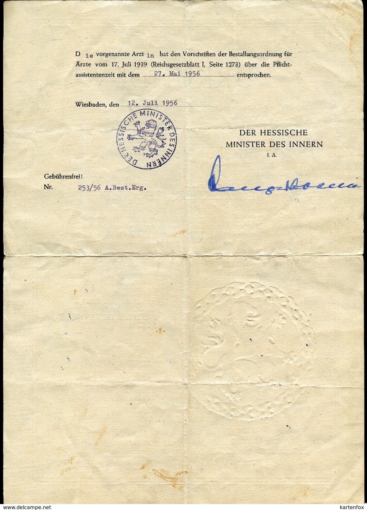 Bestallung - Urkunde Als Arzt, Ärztin, Approbation, Wiesbaden 1956, Hessen, Minister Des Inneren - Diplome Und Schulzeugnisse
