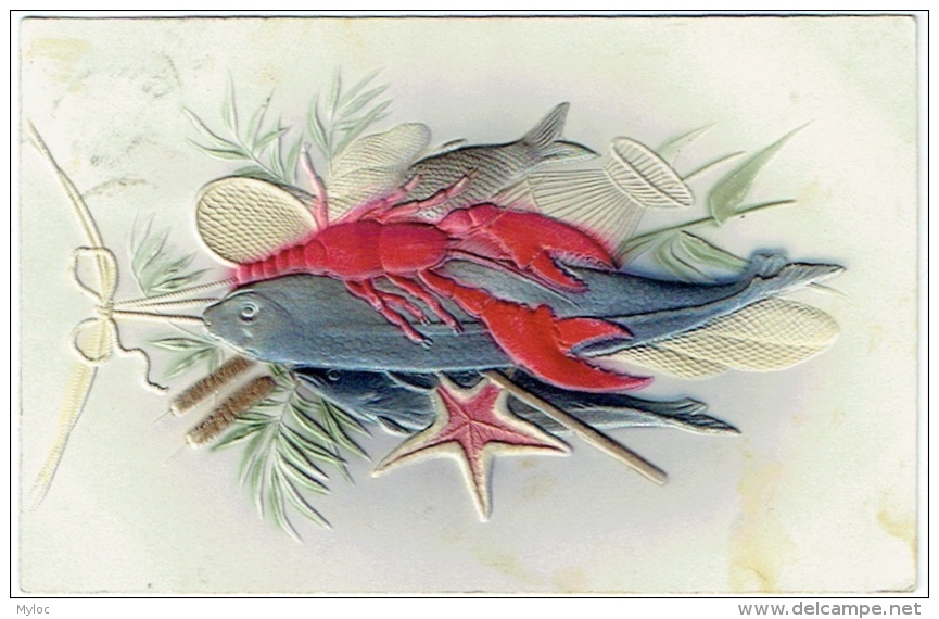 Carte Gaufrée. Nature Morte. Poissons &amp; Homard. - Poissons Et Crustacés