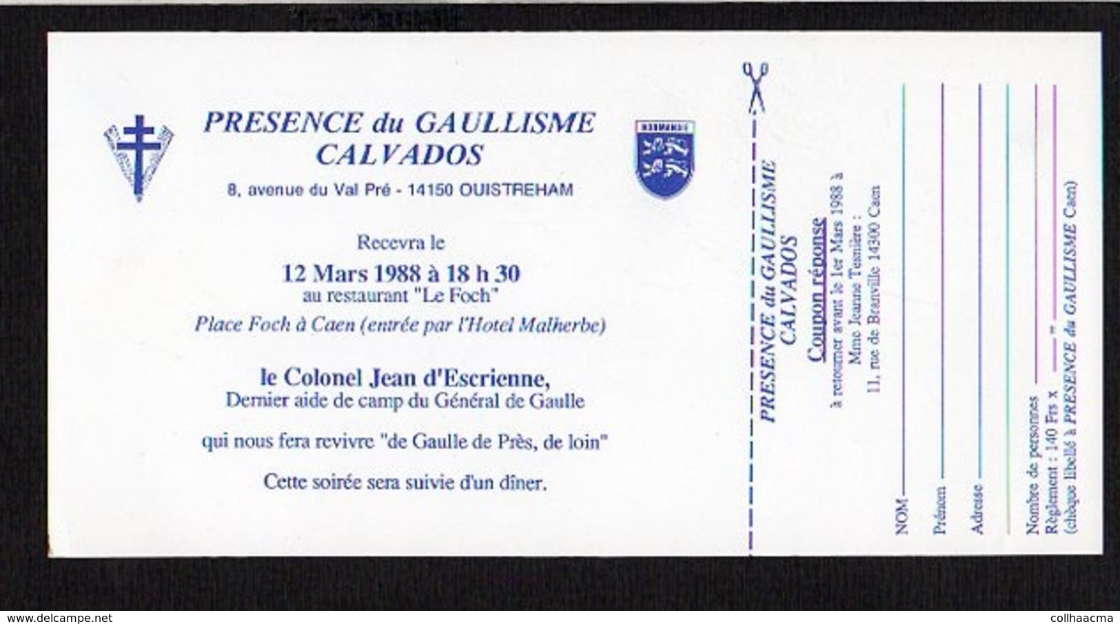 Carte Invitation Au Restaurant "Le Foch" à Caen / Soirée Diner Colonel Jean D'Escrienne Aide De Camp De De Gaulle - Autres & Non Classés