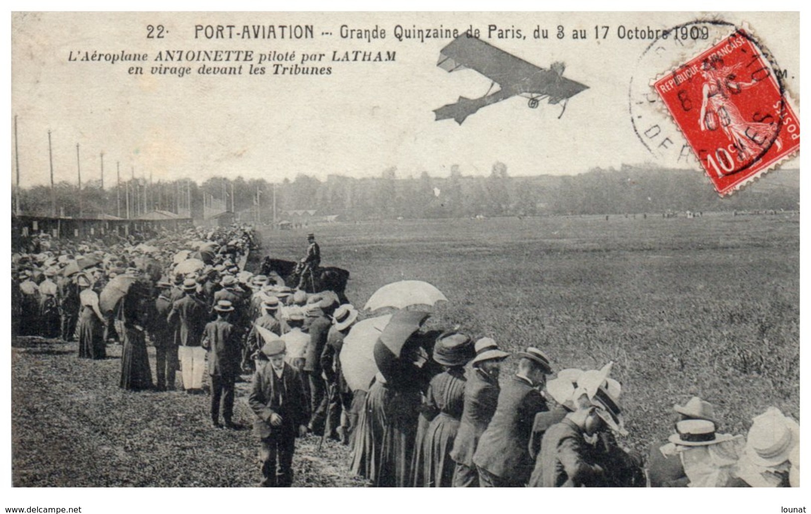 PORT Aviation - Grande Quinzaine De Paris 1909- L'aéroplane Antoinette Piloté Par LATHAM En Virage Devant Les Tribunes - Meetings