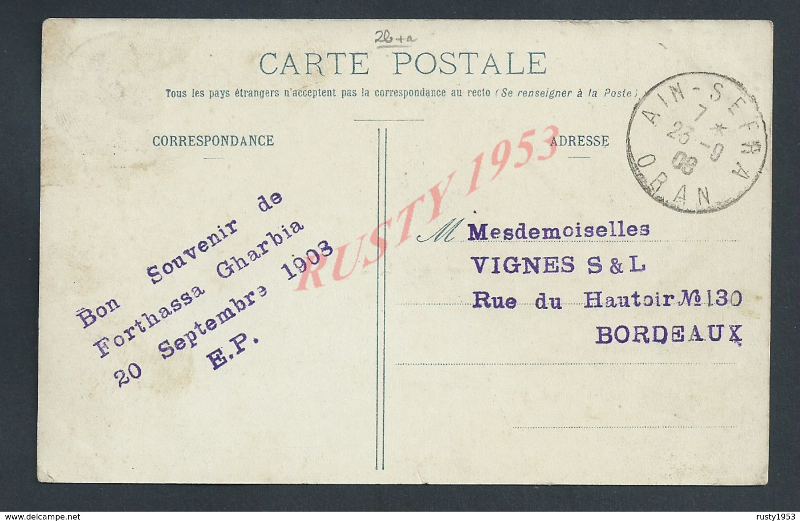 MILITARIA CPA MILITAIRE CACHET DU FORTHASSA GHARBIA CERCLE DES OFFICIERS OB AIN SEFRA ORAN ALGÉRIE RARE POUR BORDEAUX 03 - Autres & Non Classés