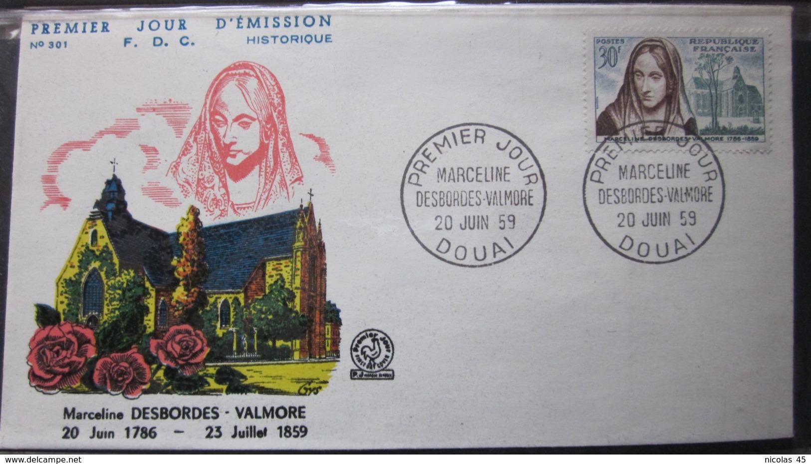 Enveloppe FDC 301 - 1959 - Marceline Desbordes Valmore - Douai - YT  1214 - Lettres & Documents