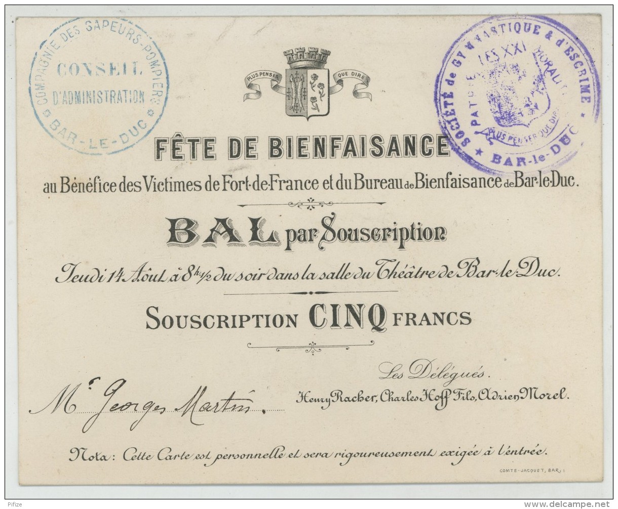 Fête De Bienfaisance Au Bénéfice Des Victimes De Fort-de-France. Sapeurs-pompiers De Bar-le-Duc. Martinique . 1902. - Autres & Non Classés