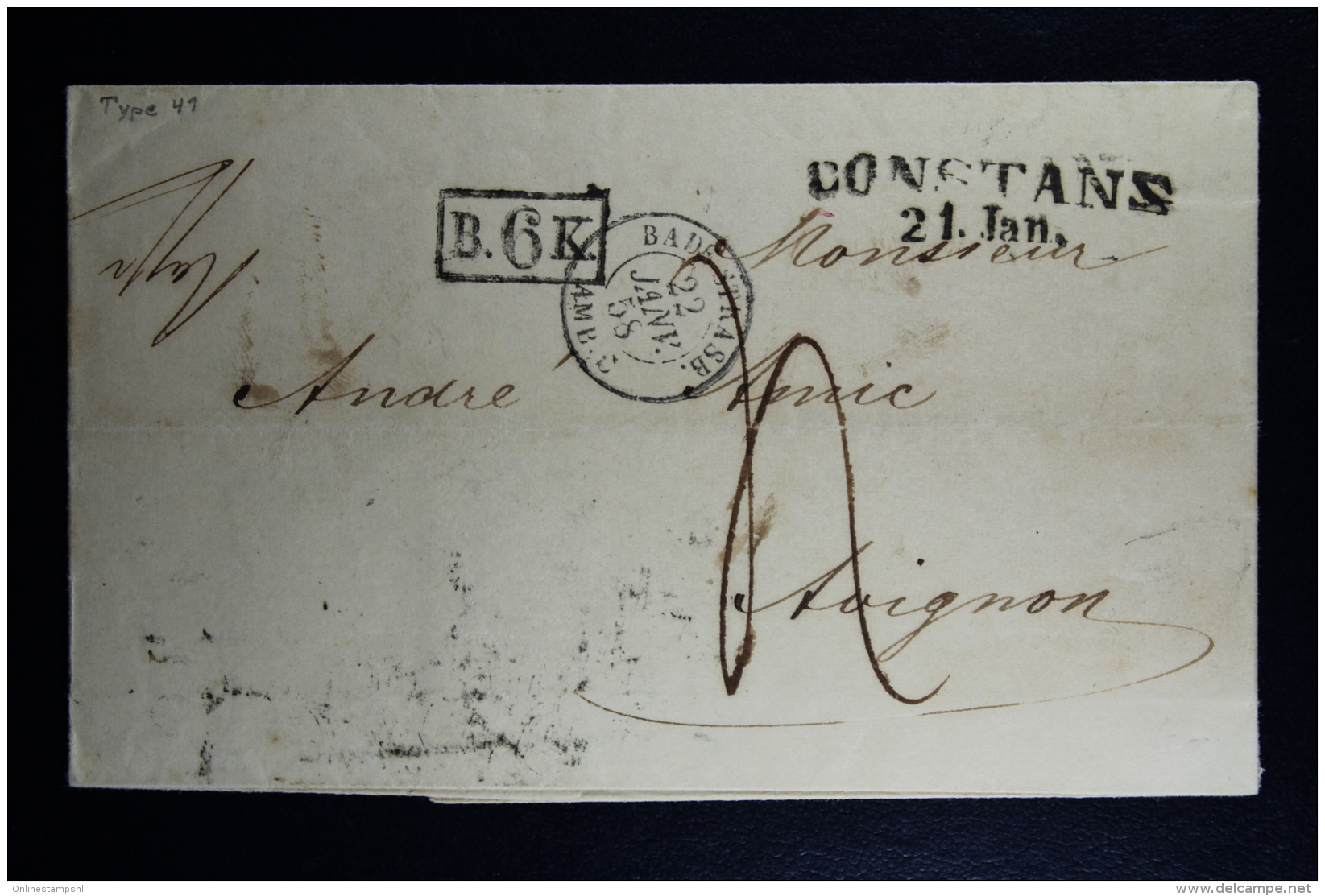 Germany:  Complete Letter   Bade Strasbourg -&gt; Constanz -&gt; Avignon France 1858   B.6K. In Back - Prefilatelia