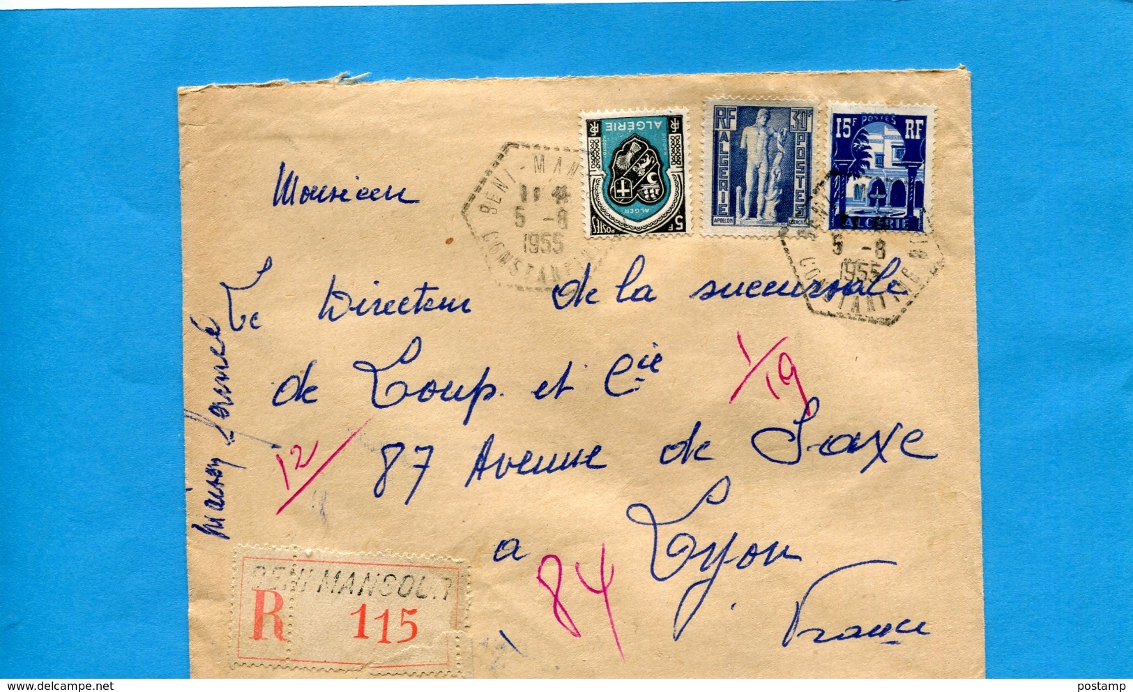 Marcophilie-lettre REC Algérie->Françe-cad Hexagonal BENI MANSOUR-1955-3 Stamps - Briefe U. Dokumente