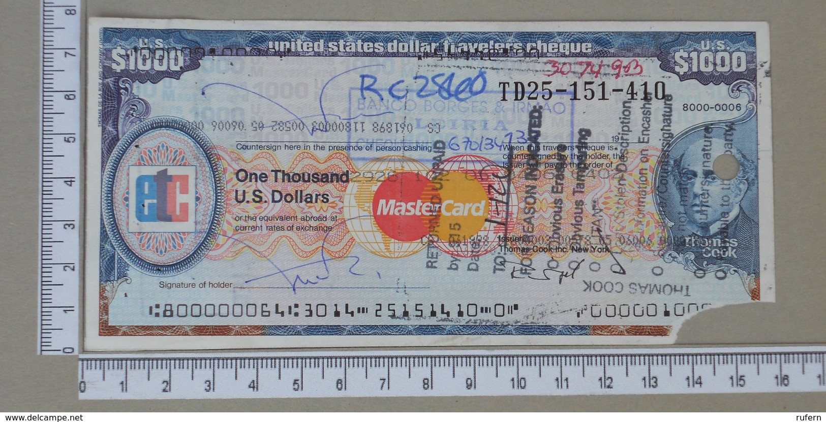 USA 1000 DOLLARS  - TRAVELERS CHEQUE MASTER CARD    - (Nº18168) - Cheques & Traveler's Cheques