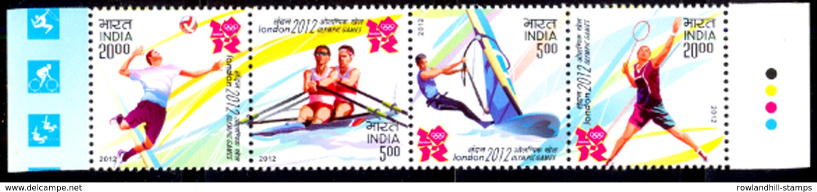 India, 2012, MNH, Setenants Of 4 Stamps, London Olympics With T/L, Games, Rowing, Sailing Badminton Ball Sports Setenant - Sommer 2012: London