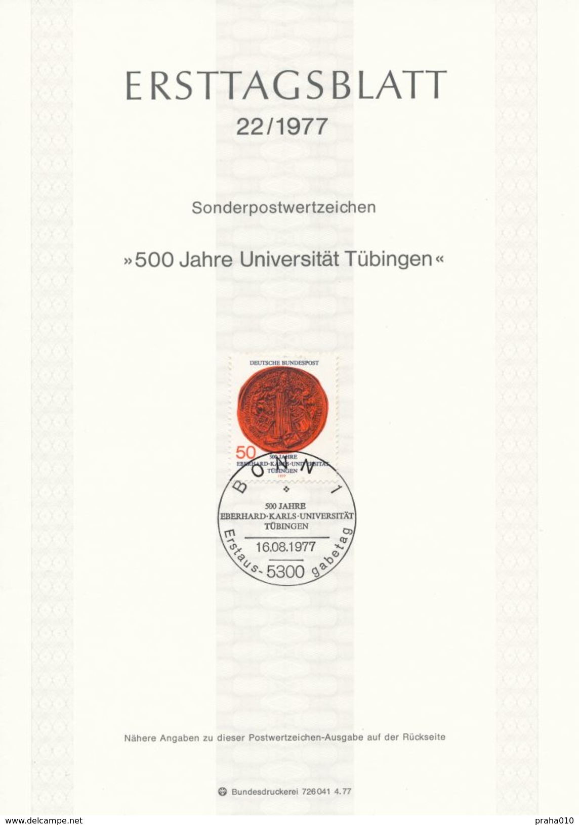 BRD / First Day Sheet (1977/22) 5300 Bonn 1: 500 Years Of The University Of Tübingen (seal - Coat Of Arms) - Autres & Non Classés