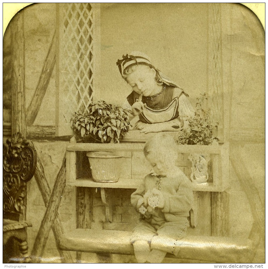 France Le Bouquet Jeu De L'Enfance Scene De Genre Anciennne Photo Stereo Transparente LL 1865 - Photos Stéréoscopiques