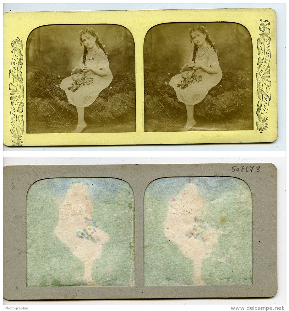 France Couronne De Fleur Jeu De L'Enfance Scene De Genre Anciennne Photo Stereo Transparente LL 1865 - Photos Stéréoscopiques