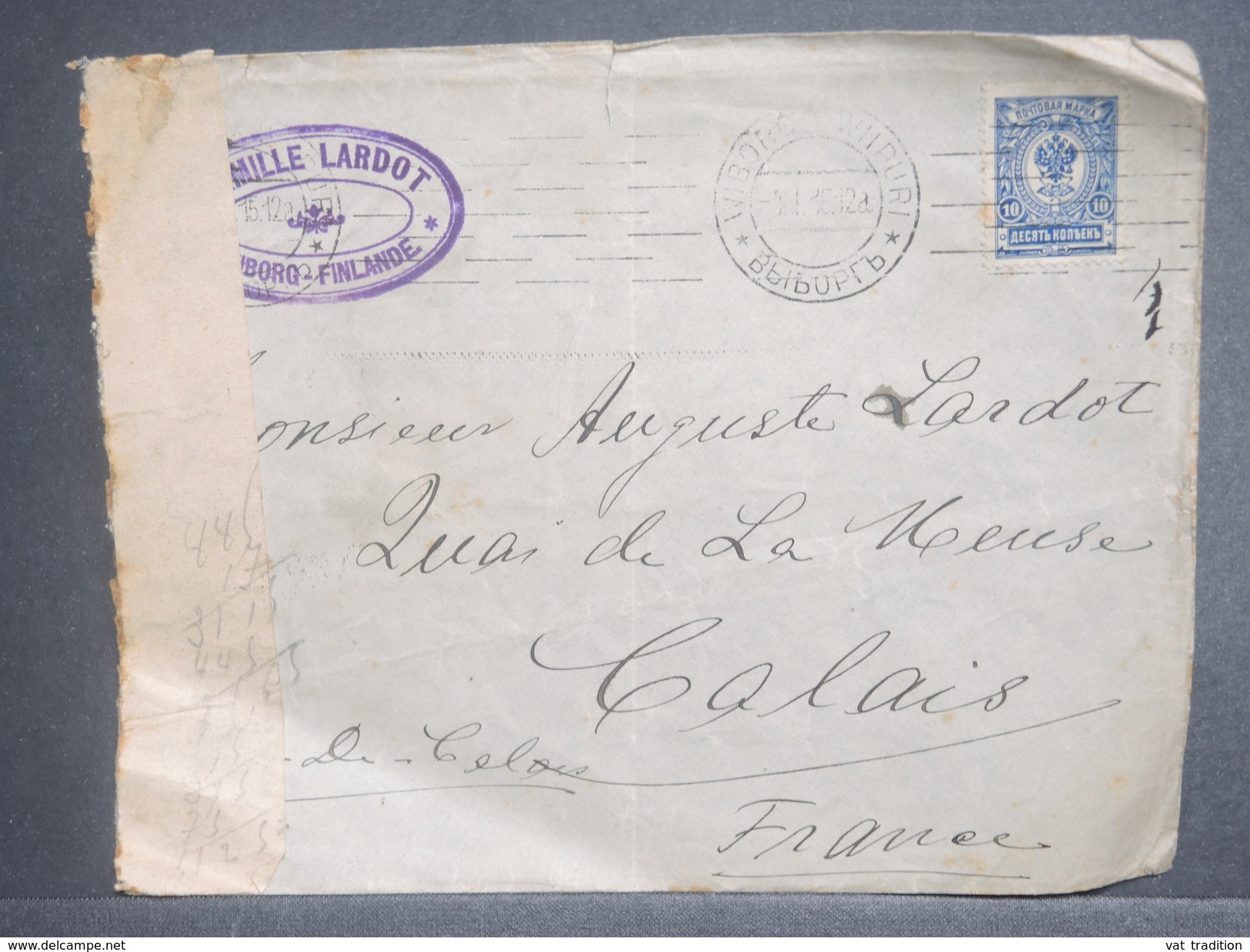 FINLANDE - Enveloppe De Wiborg Pour Calais En 1915 Avec Contrôle Postal , Affranchissement Plaisant - L 7087 - Lettres & Documents