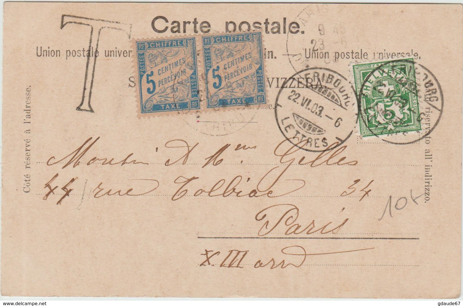 1903 - CP De FRIBOURG (SUISSE) Avec TAXE De PARIS - 1877-1920: Période Semi Moderne