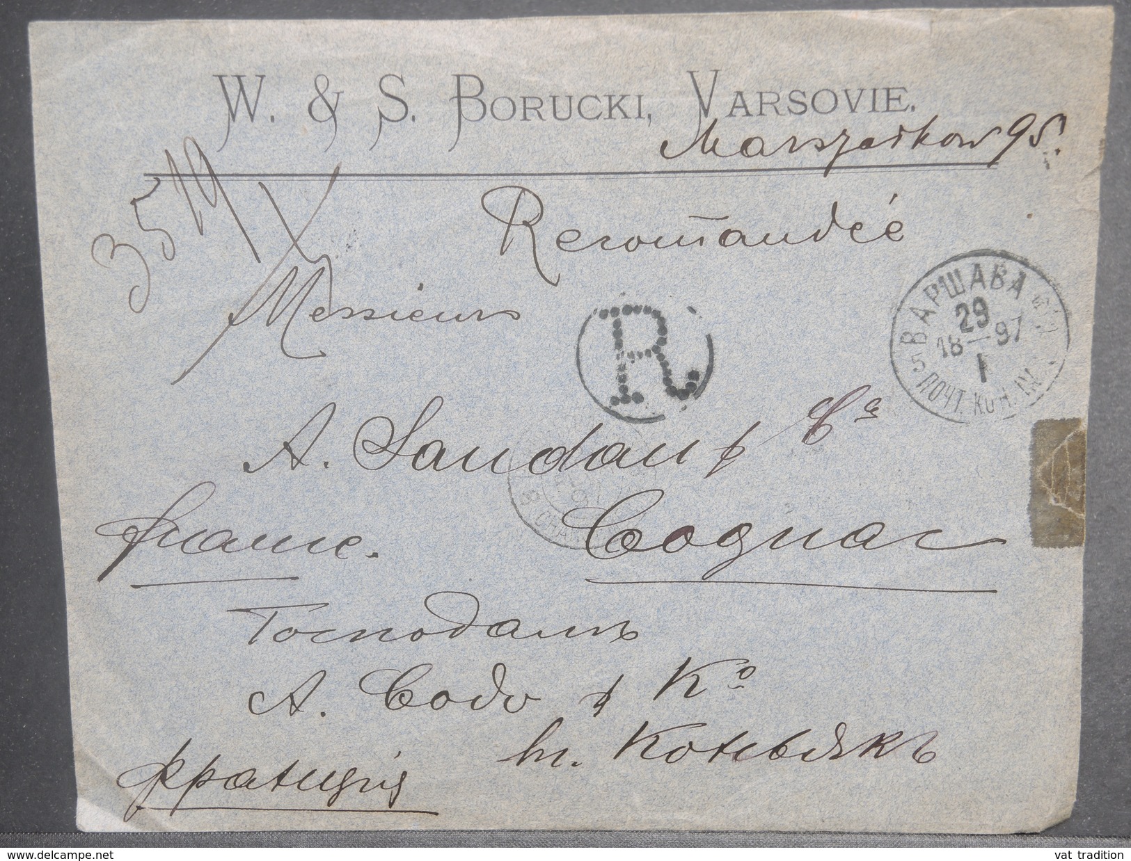 RUSSIE / POLOGNE - Enveloppe Commerciale En Recommandé De Varsovie Pour La France En 1897 , Affr. Au Verso - L 7111 - Briefe U. Dokumente