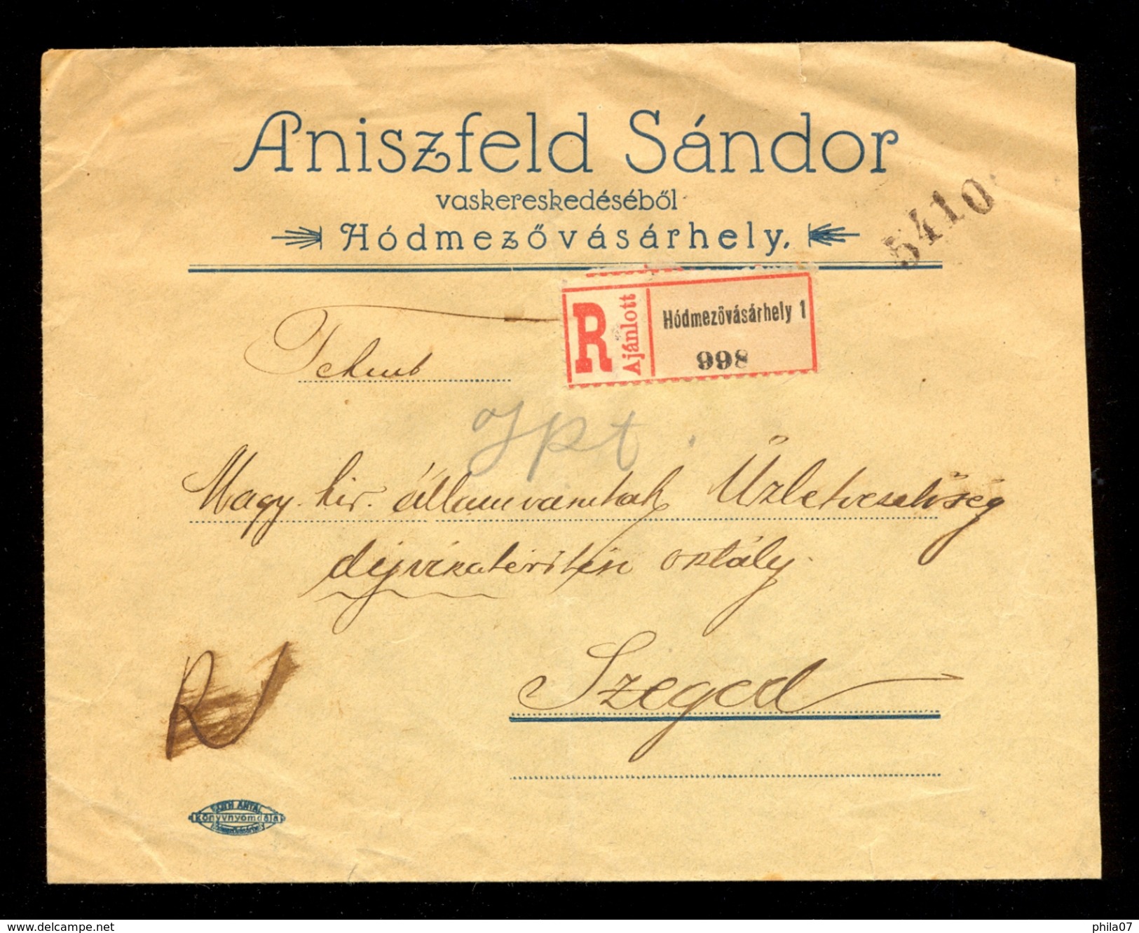 Hungary - Registered Sent Letter From Hormezovasarhely To Szeged 17.04.1919. Verticaly Bent Cover / 2 Scans - Autres & Non Classés
