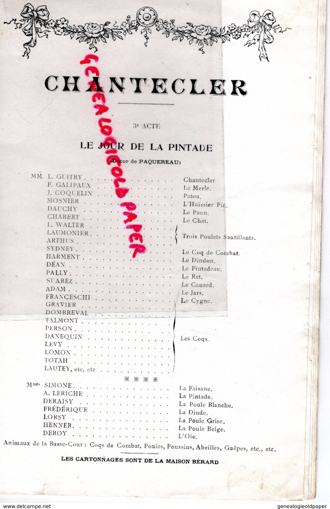 75 - PARIS - PROGRAMME CHANTECLER- EDMOND ROSTAND-THEATRE PORTE SAINT MARTIN-HERTZ-COQUELIN-GUITRY-SIMONE-GALIPAUX-