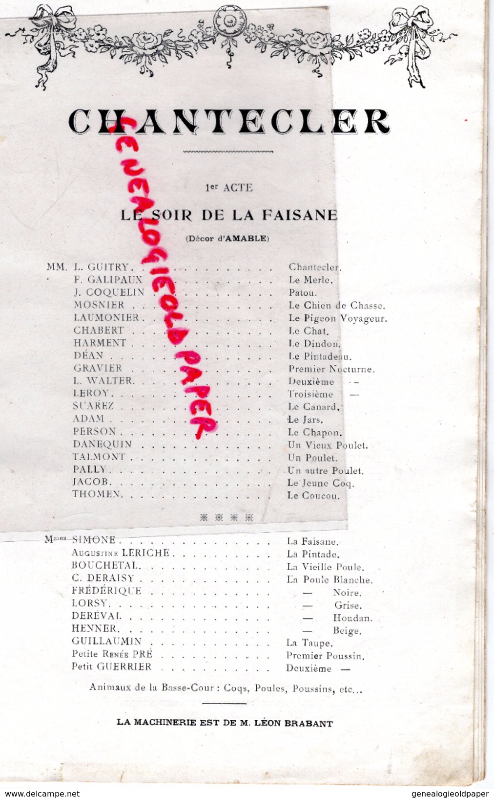 75 - PARIS - PROGRAMME CHANTECLER- EDMOND ROSTAND-THEATRE PORTE SAINT MARTIN-HERTZ-COQUELIN-GUITRY-SIMONE-GALIPAUX-