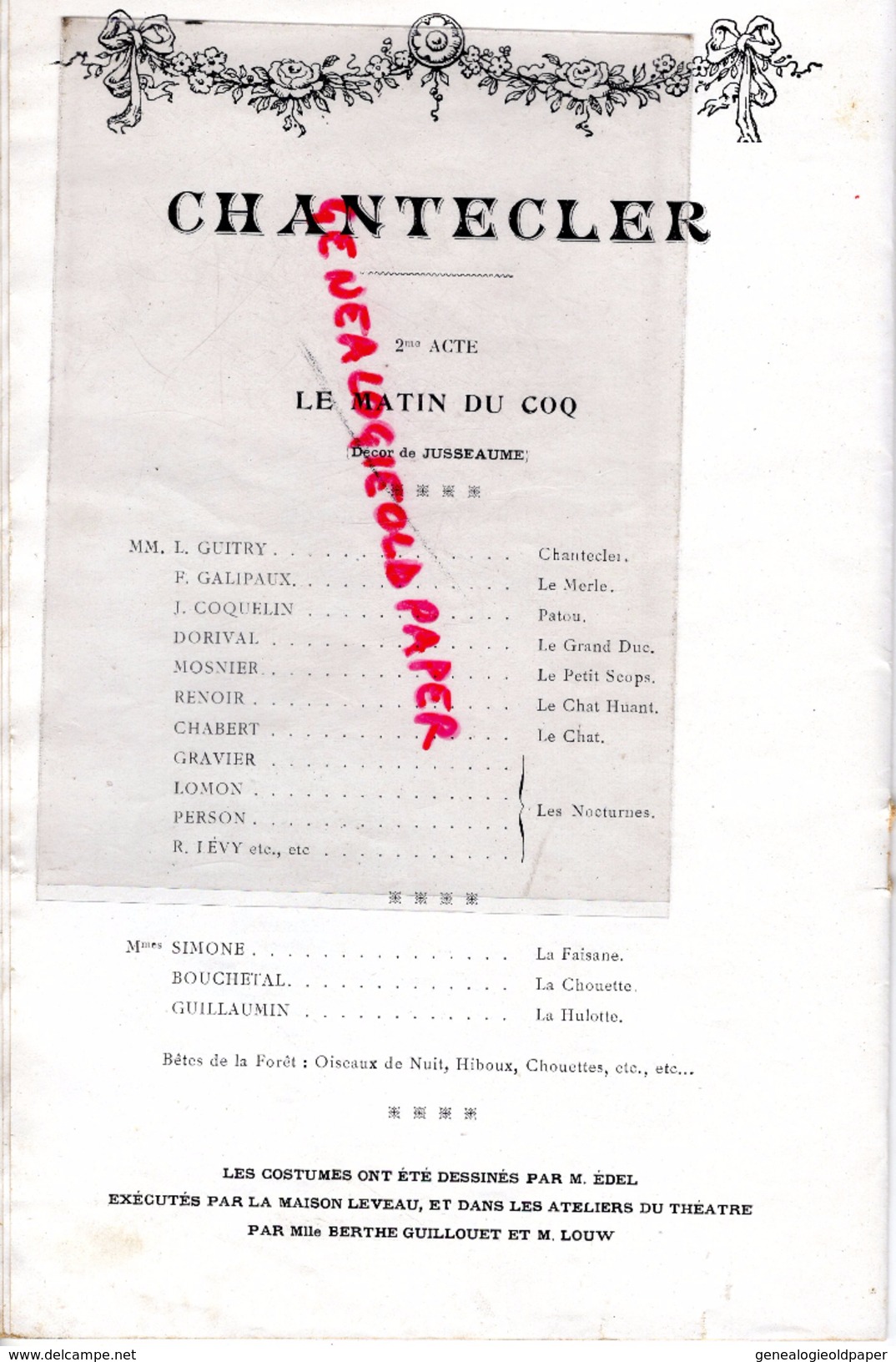 75 - PARIS - PROGRAMME CHANTECLER- EDMOND ROSTAND-THEATRE PORTE SAINT MARTIN-HERTZ-COQUELIN-GUITRY-SIMONE-GALIPAUX-