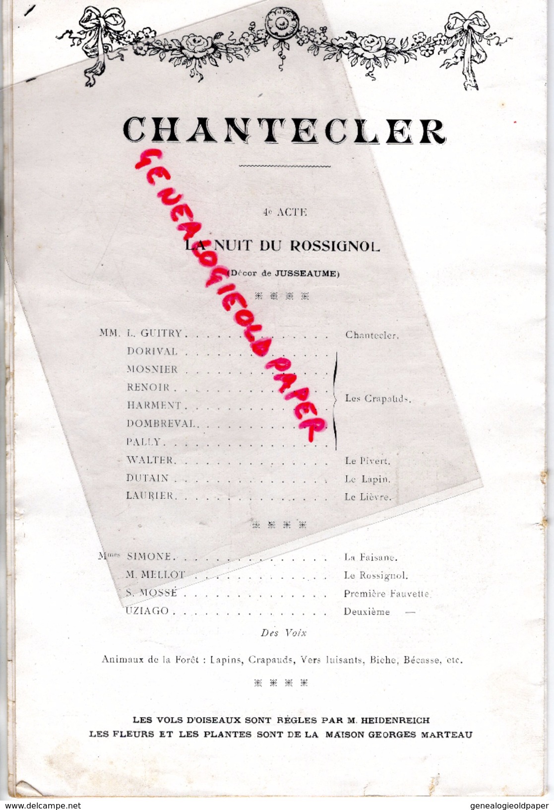 75 - PARIS - PROGRAMME CHANTECLER- EDMOND ROSTAND-THEATRE PORTE SAINT MARTIN-HERTZ-COQUELIN-GUITRY-SIMONE-GALIPAUX-