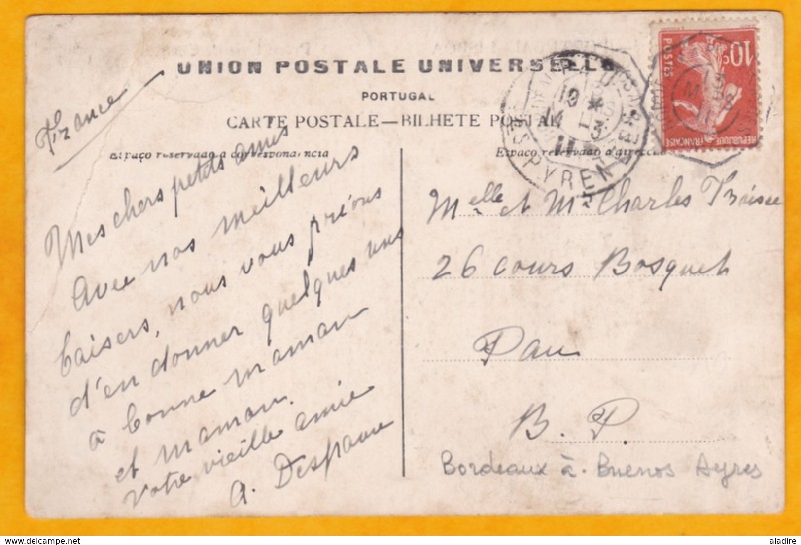 1911 - CP De Lisbonne, Portugal Vers Pau, France - Ligne Maritime Bordeaux Buenos Aires - Poststempel (Marcophilie)