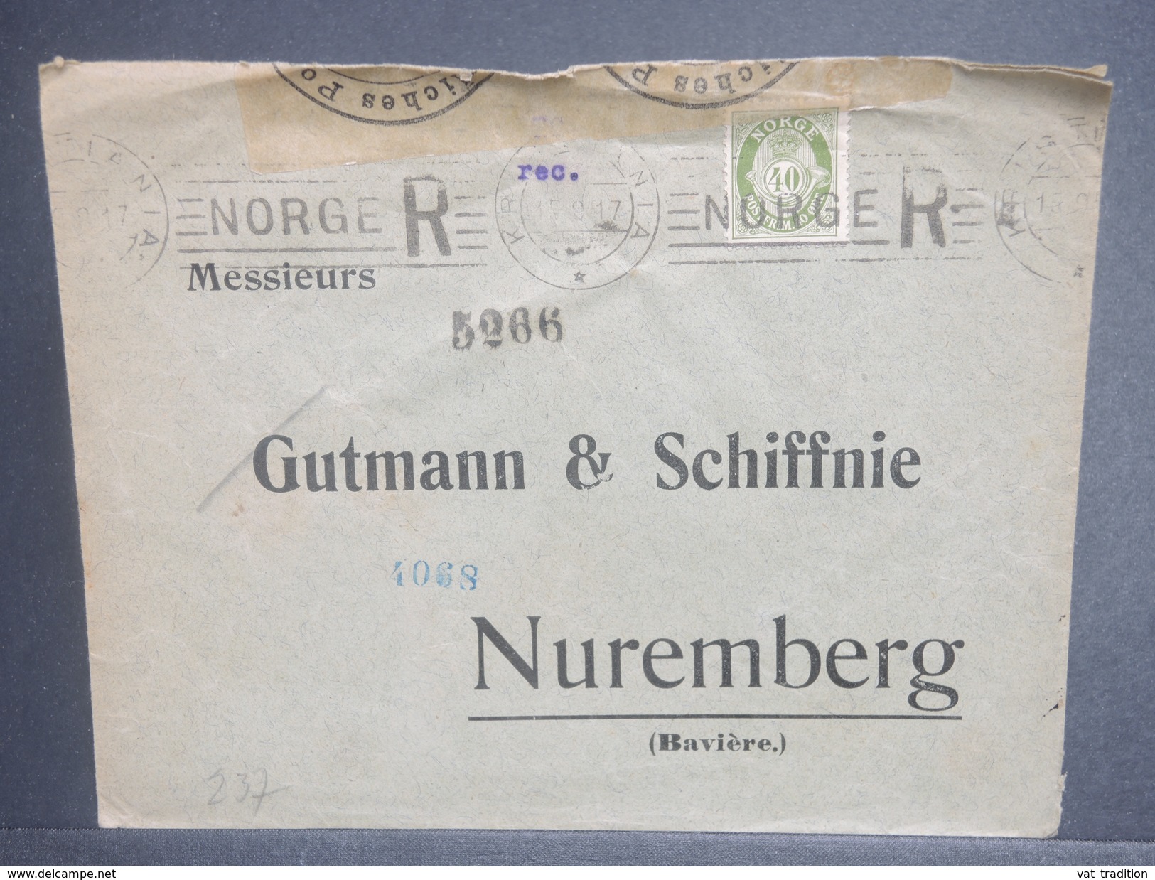 NORVEGE - Enveloppe De Christiana Pour Nuremberg En 1917 Avec Contrôle Postal Militaire De Hamburg - L 7125 - Lettres & Documents