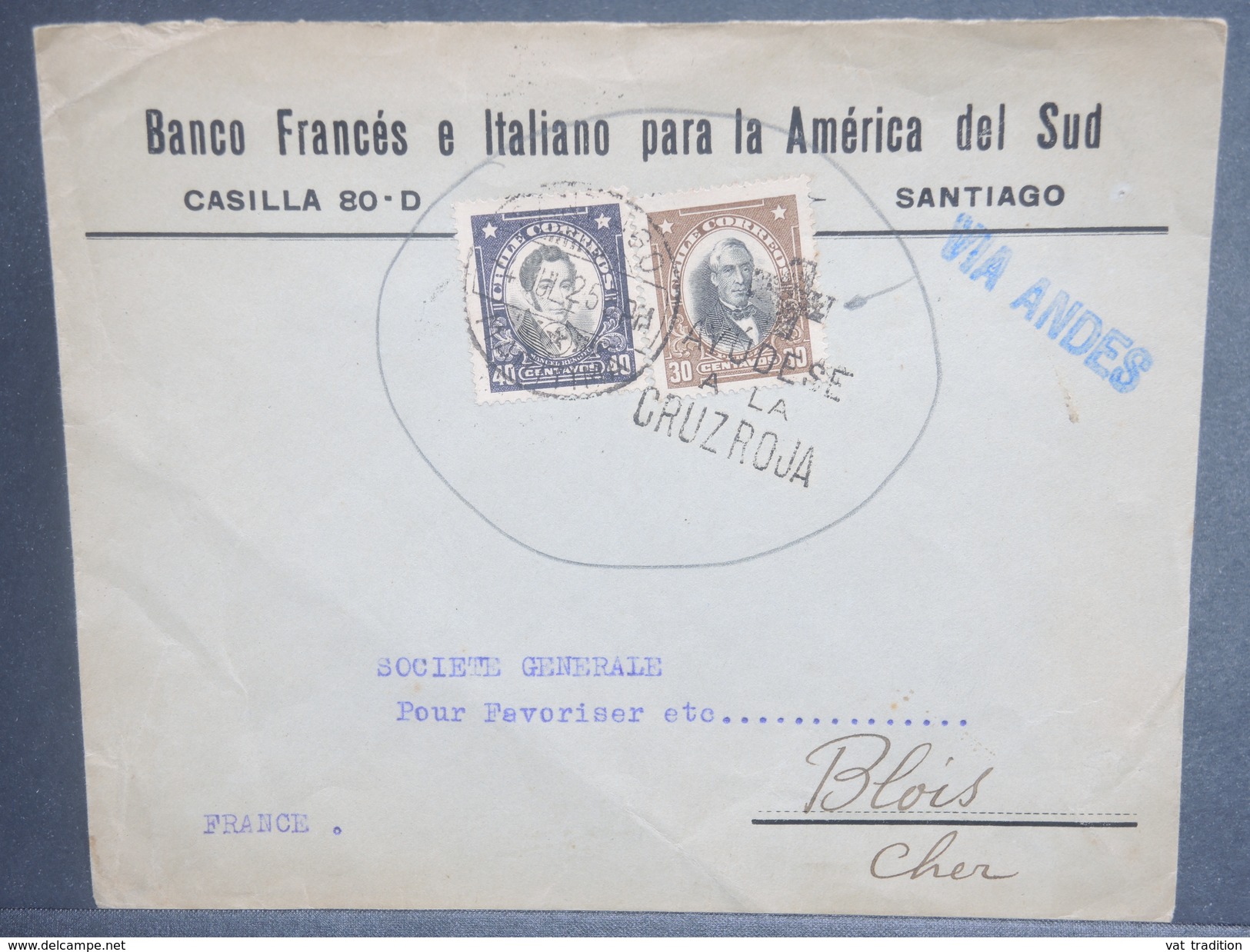 CHILI - Enveloppe De Santiago Pour La France En 1925 , Oblitération Croix Rouge - L 7127 - Chili