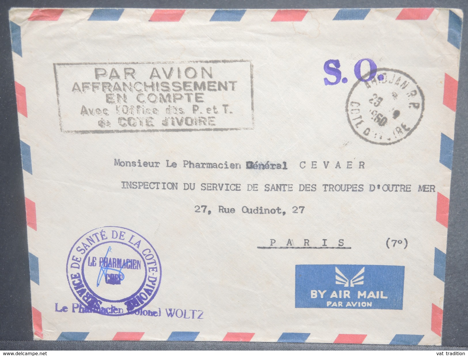 COTE D'IVOIRE - Enveloppe De Abidjan Pour Paris En 1960 , Cachet " Par Avion Affranchissement En Compte .."  - L 7129 - Côte D'Ivoire (1960-...)