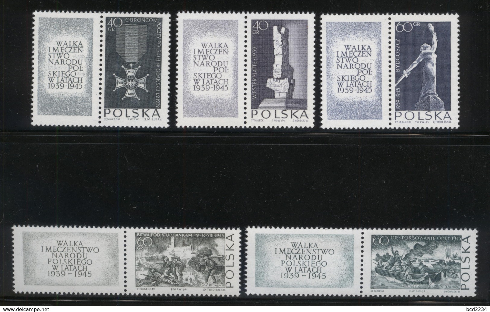 POLAND 1964 MONUMENTS TO STRUGGLE & MARTRDOM LABELS LEFT NHM WW2 Virtuti Militari Battle Studzianki Tank Boat Soldiers - Ships