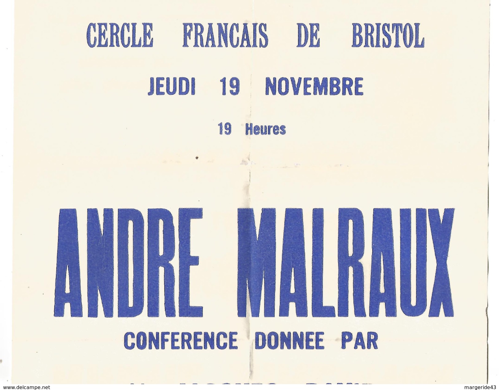 AFFICHE CONFERENCE SUR ANDRE MALRAUX A...BRISTOL ROYAUME UNI 1962 - Afiches