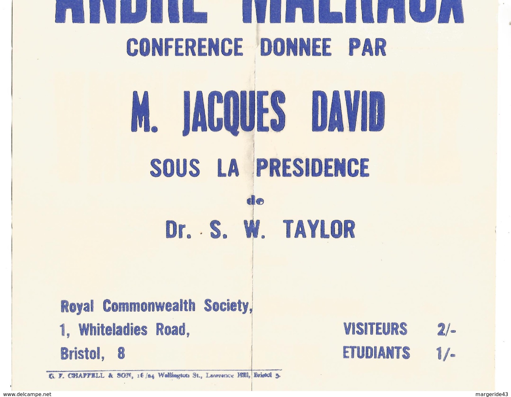 AFFICHE CONFERENCE SUR ANDRE MALRAUX A...BRISTOL ROYAUME UNI 1962 - Afiches