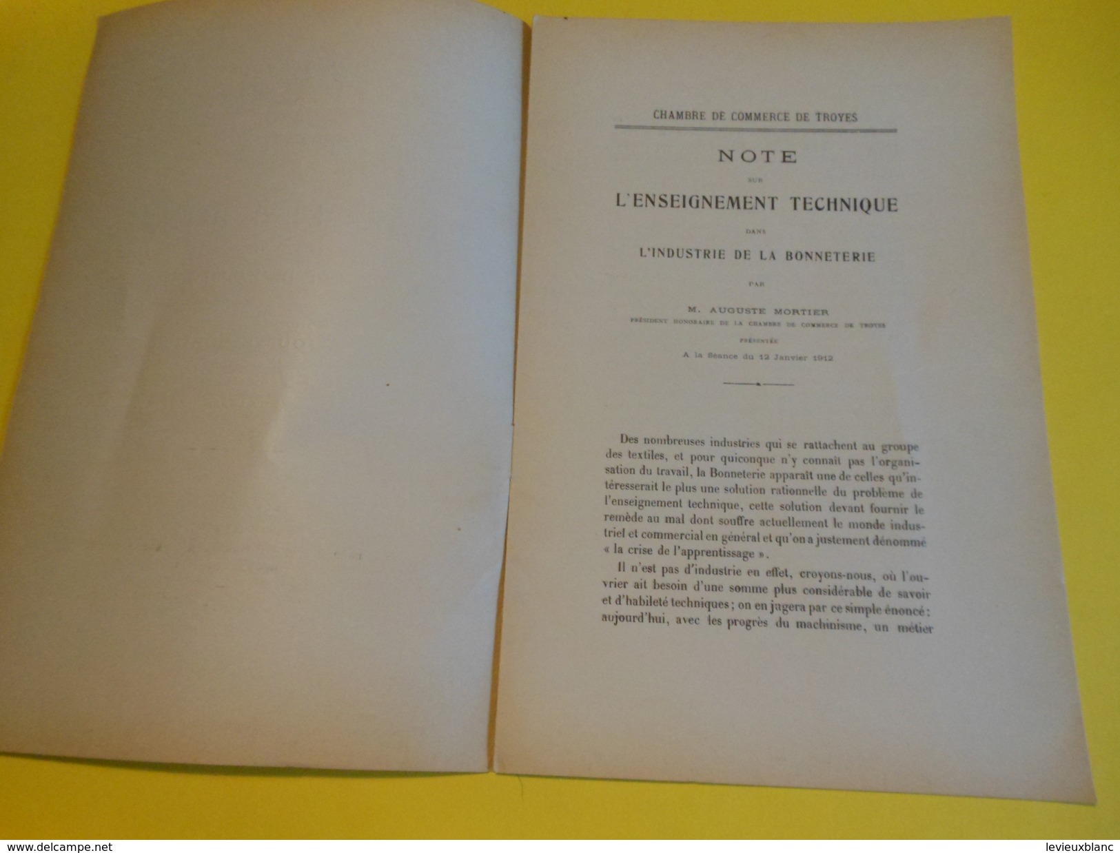 Livret De 1 Pages/Ch. De Com. De TROYES/Note Sur L'Enseignement Technique  Dans L'Industrie De La Bonneterie/1912  VPN76 - Sonstige & Ohne Zuordnung