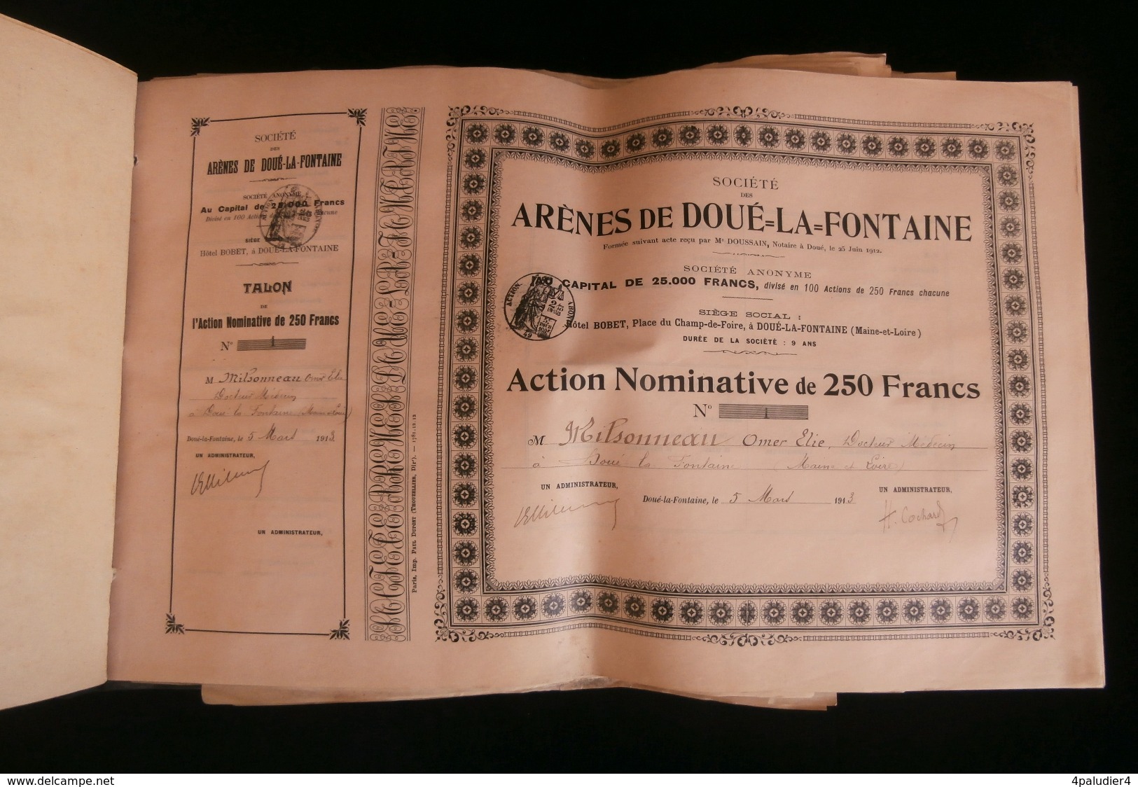 ( Maine-et-Loire  Angers ) Carnet De 100 Actions SOCIETE DES ARENES DE DOUE-LA-FONTAINE  1912 - Tourismus