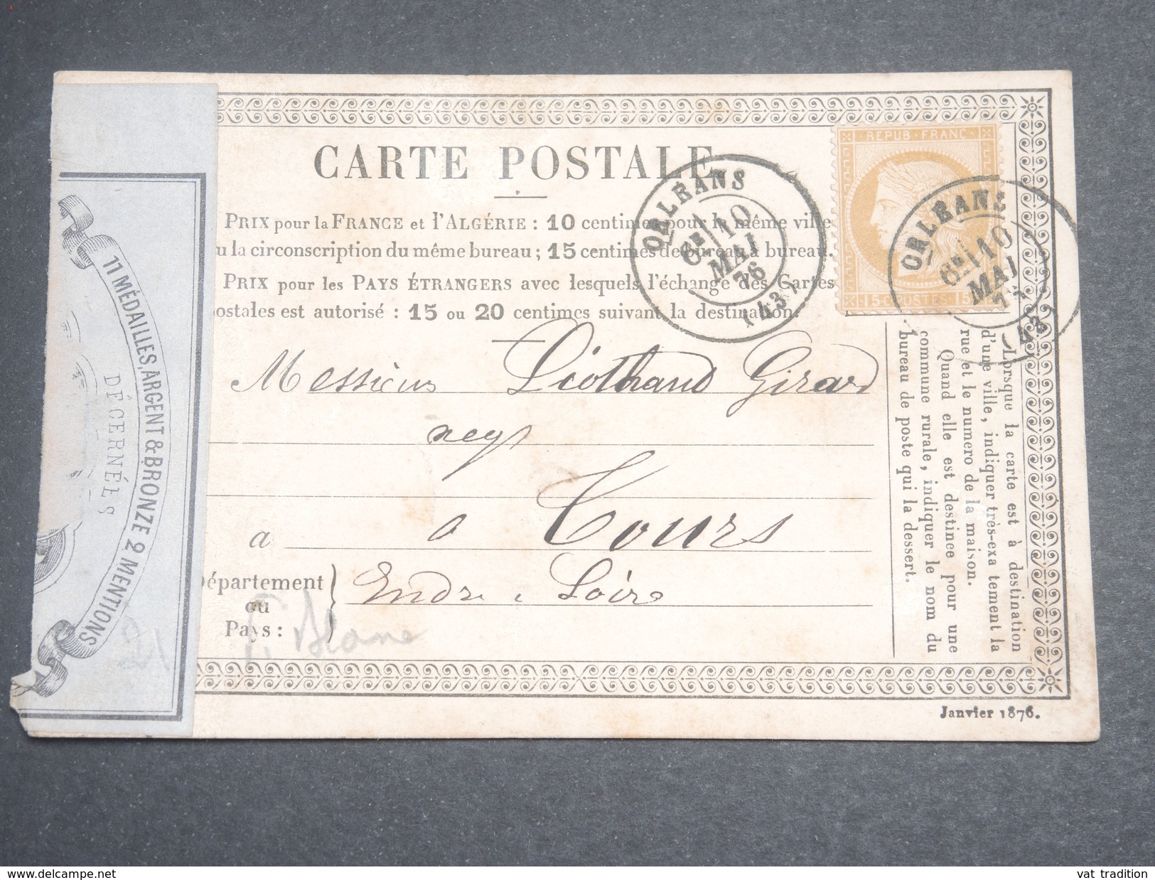 FRANCE - Carte Précurseur Commerciale De Orléans Pour Tours En 1876 , Affranchissement Cérès - L 7154 - Cartes Précurseurs