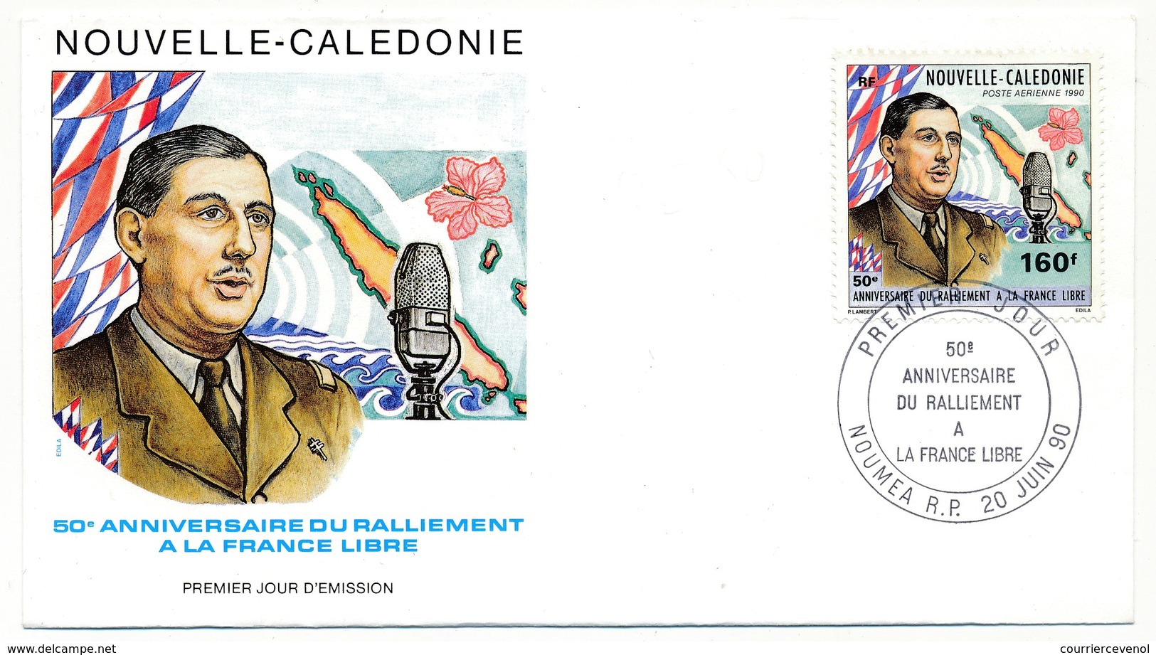 NOUVELLE CALEDONIE -  Enveloppe FDC - 50eme Anniversaire Du Ralliement à La France Libre - NOUMEA 20/06/1990 - De Gaulle (Generaal)
