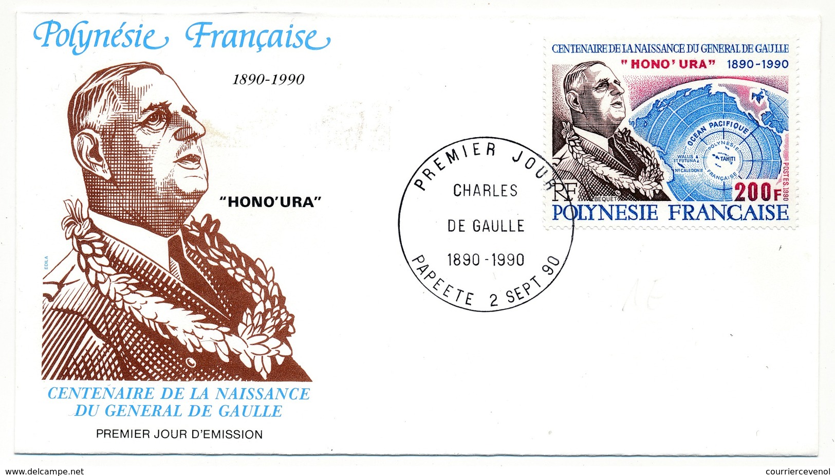 POLYNESIE FRANCAISE -  Enveloppe FDC - Charles De Gaulle - PAPEETE 2/09/1990 - De Gaulle (Generale)