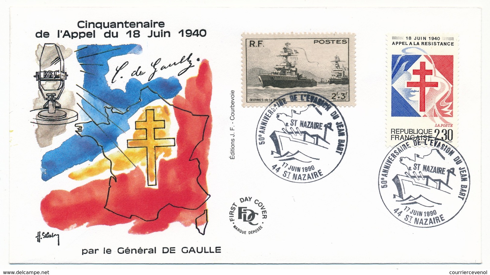 FRANCE - Cachet Temporaire "50eme Anniversaire De L'Evasion Du Jean Bart" - SAINT NAZAIRE 1990 - WW2