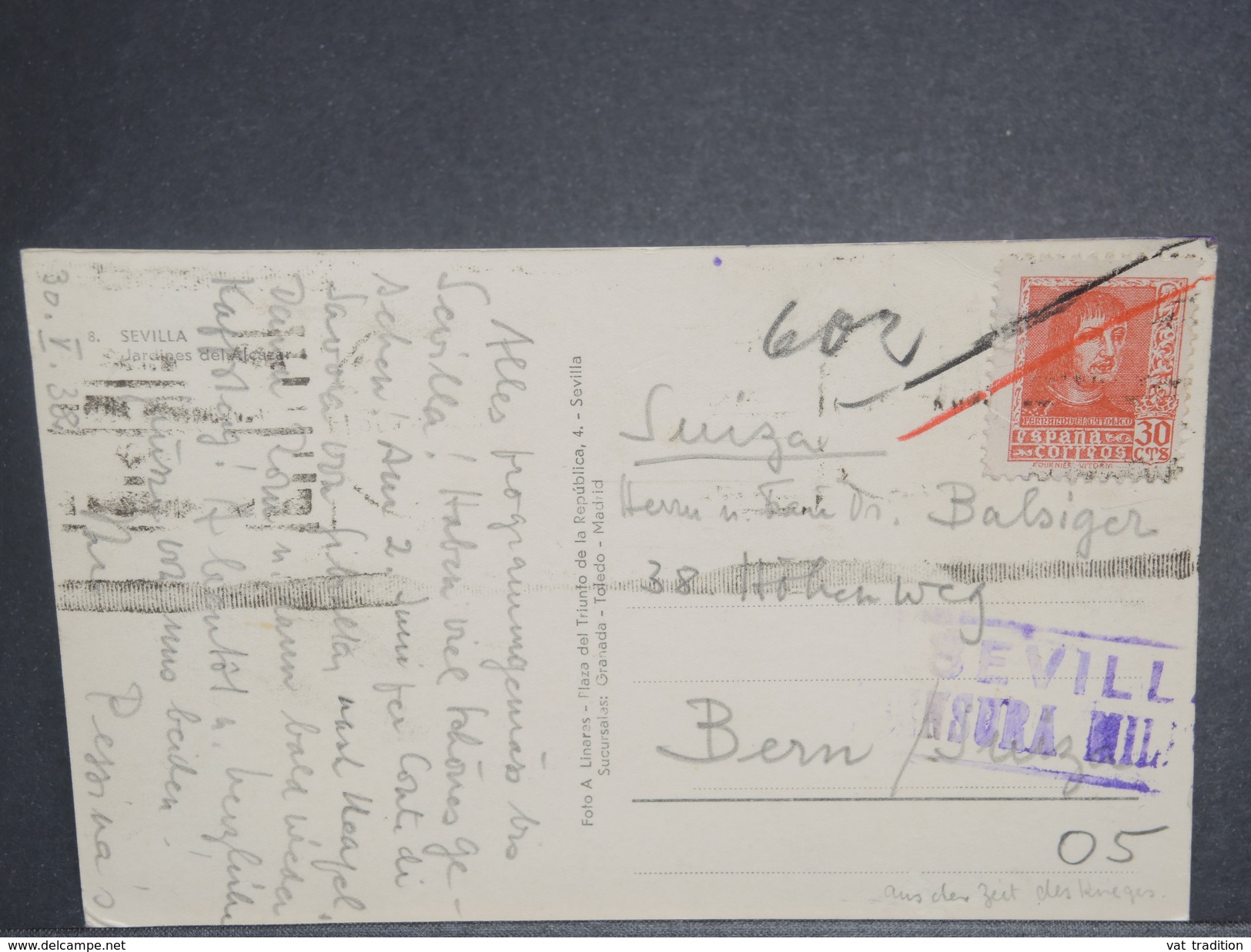 ESPAGNE - Censure De Sévilla Sur Carte Postale En 1938 Pour La Suisse - L 7193 - Marcas De Censura Nacional