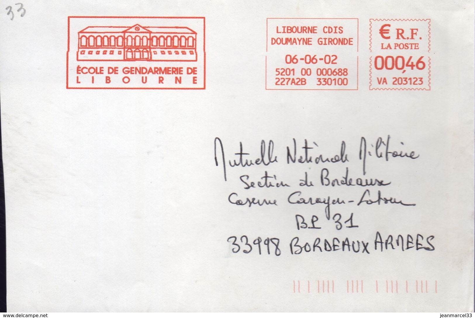 Lettre Libourne CDIS Doumayne Gironde 06-06-02 EMA Rouge " Ecole De Gendarmerie De Libourne " - EMA (Empreintes Machines à Affranchir)