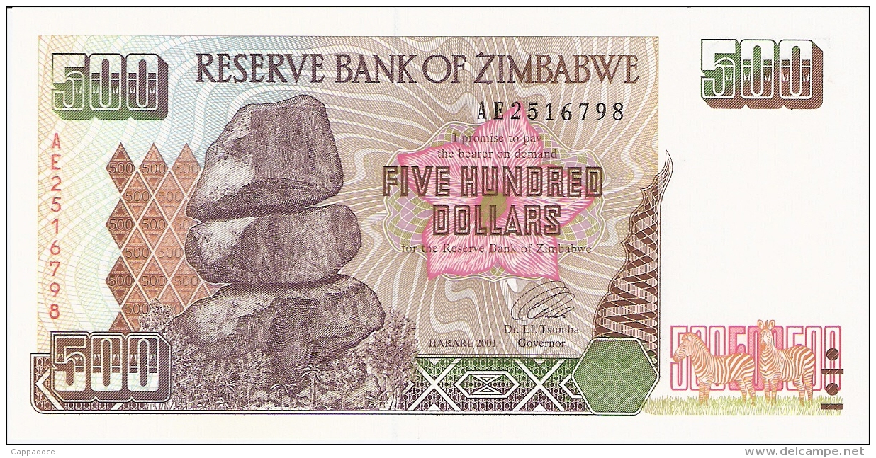 ZIMBABWE   500 Dollars   2001   Sign. L. Tsumba.   P. 11a   UNC - Zimbabwe