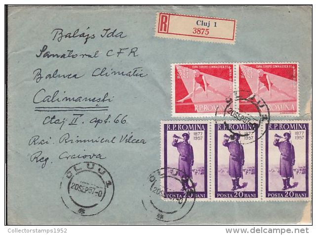 58825- SOLDIER, GYMNASTICS, FLOWERS, STAMPS ON REGISTERED COVER, 1957, ROMANIA - Briefe U. Dokumente