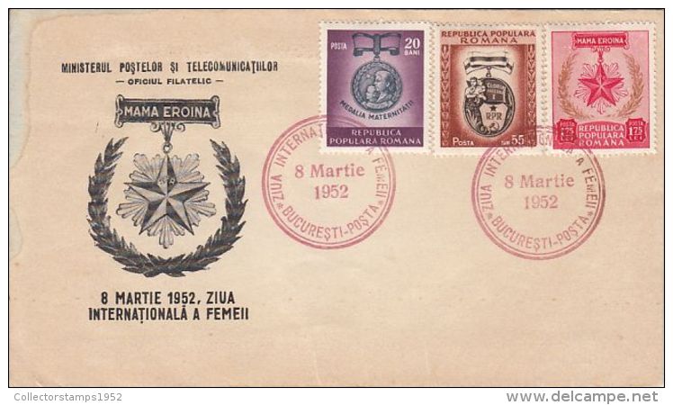 58831- INTERNATIONAL WOMEN DAY, MEDALS, SPECIAL COVER, 1952, ROMANIA - Covers & Documents