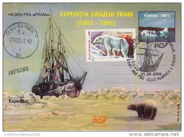 58899- FRAM SHIPS FIRST ARCTIC EXPEDITION, POLAR BEAR, POSTCARD STATIONERY, 2006, ROMANIA - Arctische Expedities