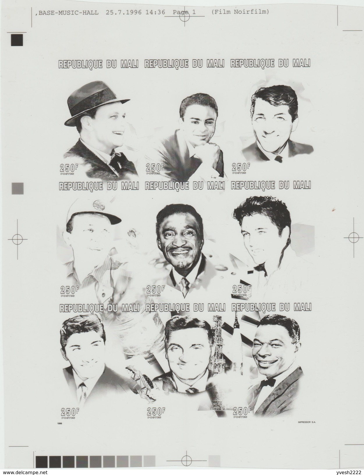 Mali 1996 Y&T 857/65. 4 Films Positifs D'impression. Music-Hall : Sinatra, Dean Martin, Bing Crosby, Elvis, Paul Anka - Music