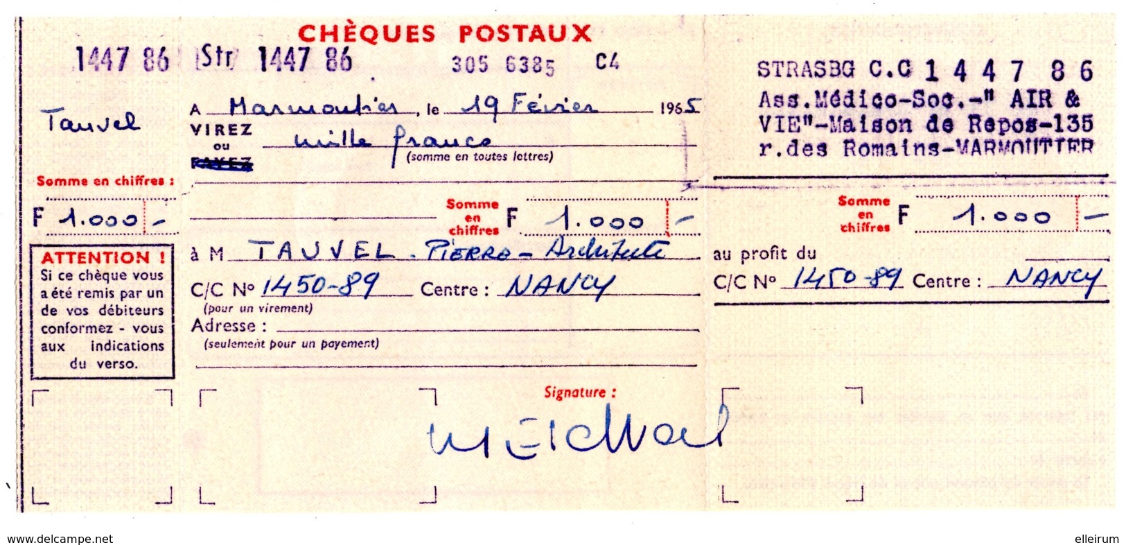 CHEQUES. STRASBOURG (67) CHEQUES POSTAUX. POUR CENTRE C/C De NANCY. - Cheques & Traverler's Cheques