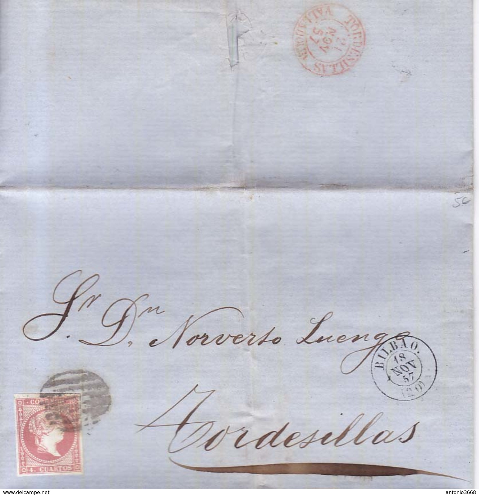 Año 1856 Edifil 48 4c Sello Isabel II Carta Matasellos Rejilla Y  Bilbao - Lettres & Documents