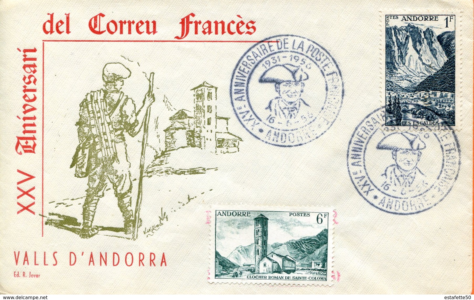 Andorre,FDC 1956;XXVème Anniversaire De La Poste Française - Briefe U. Dokumente