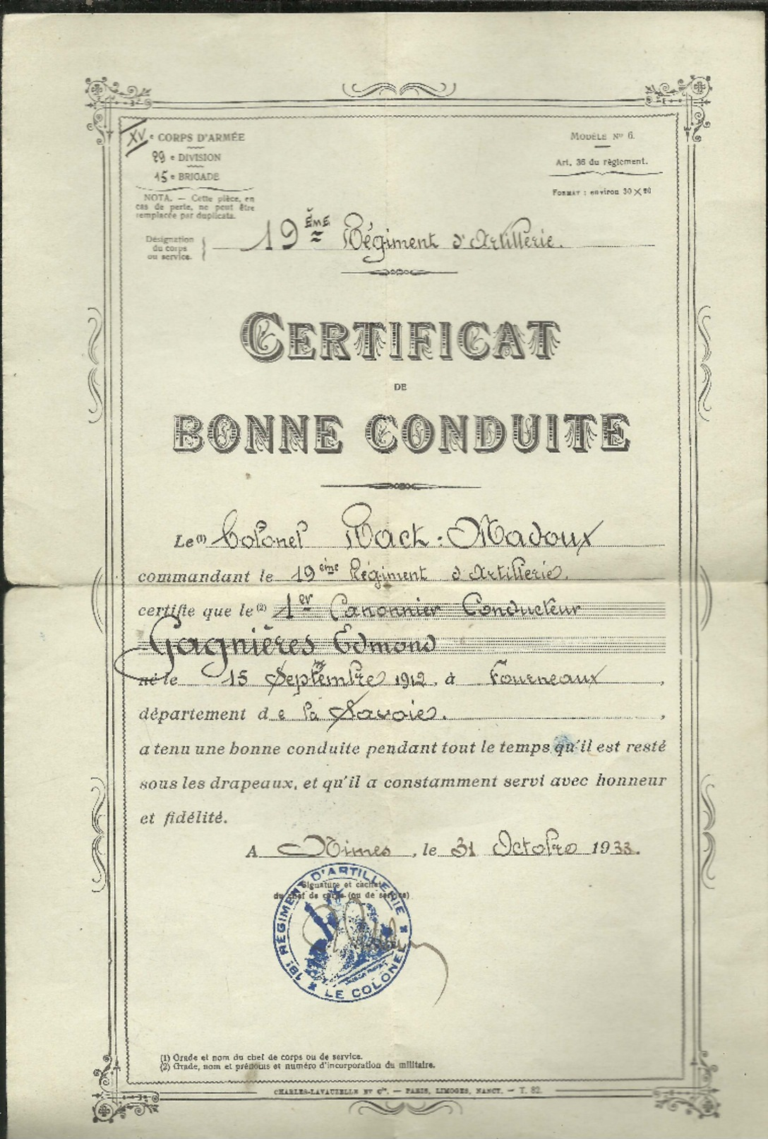 CERTIFICAT DE BONNE CONDUITE 19 EREGIMENT D ARTILLERIE 1ER CANONIER  CONDUCTEUR - Documents