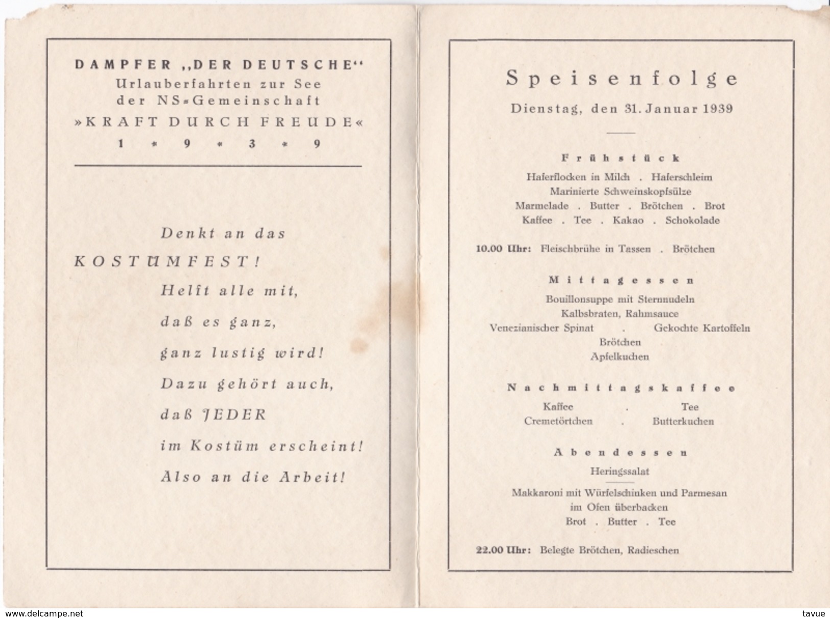 Urlauberfahrt Zur See  Der N.S.-Gemeinschaft -Kraft Durch Freude- Speisekarte Vom 31.Januar 1939- - Menükarten