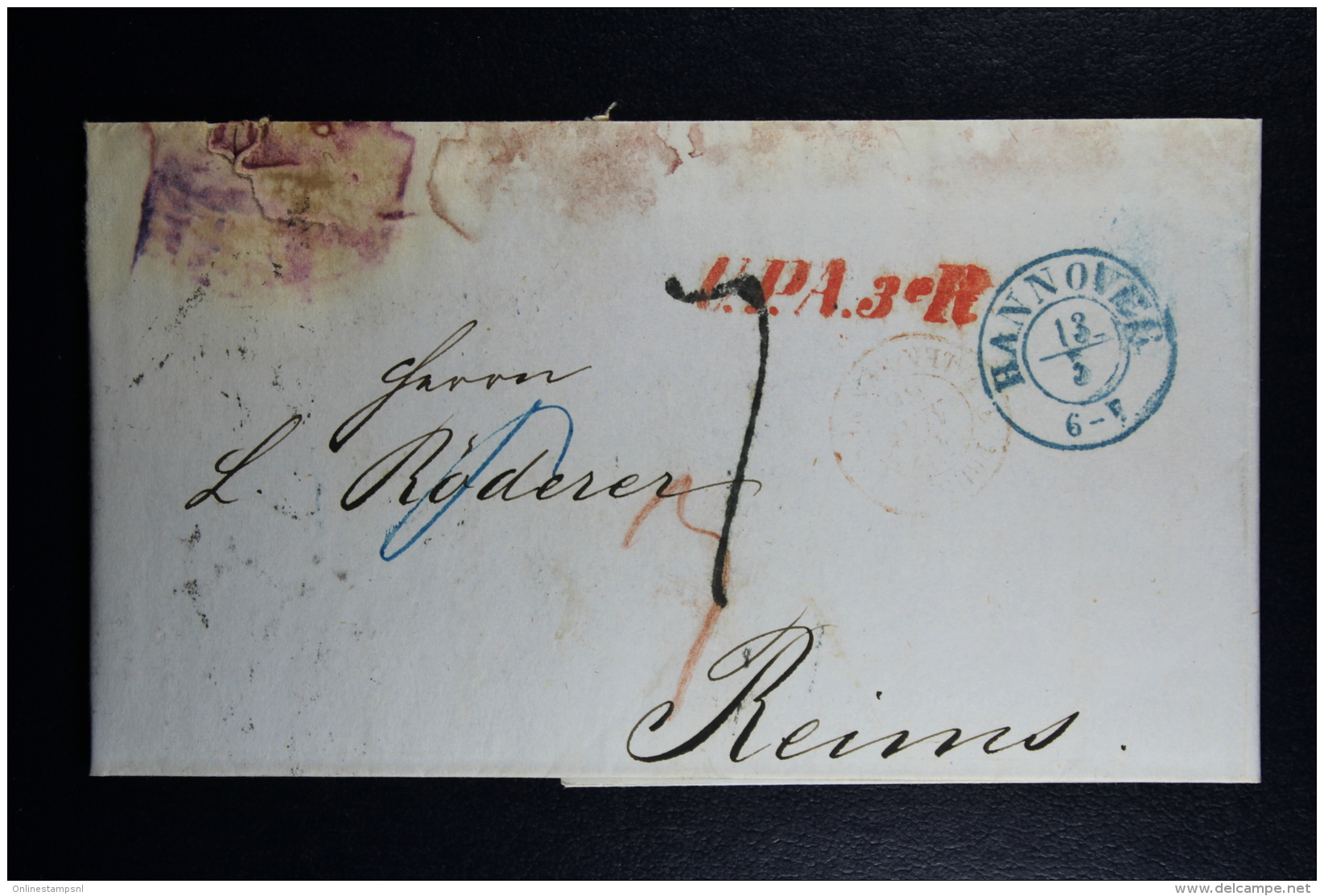 Germany Complete Letter  Hannover  U.P.A.3 R -&gt; Reims France 1856 - Préphilatélie