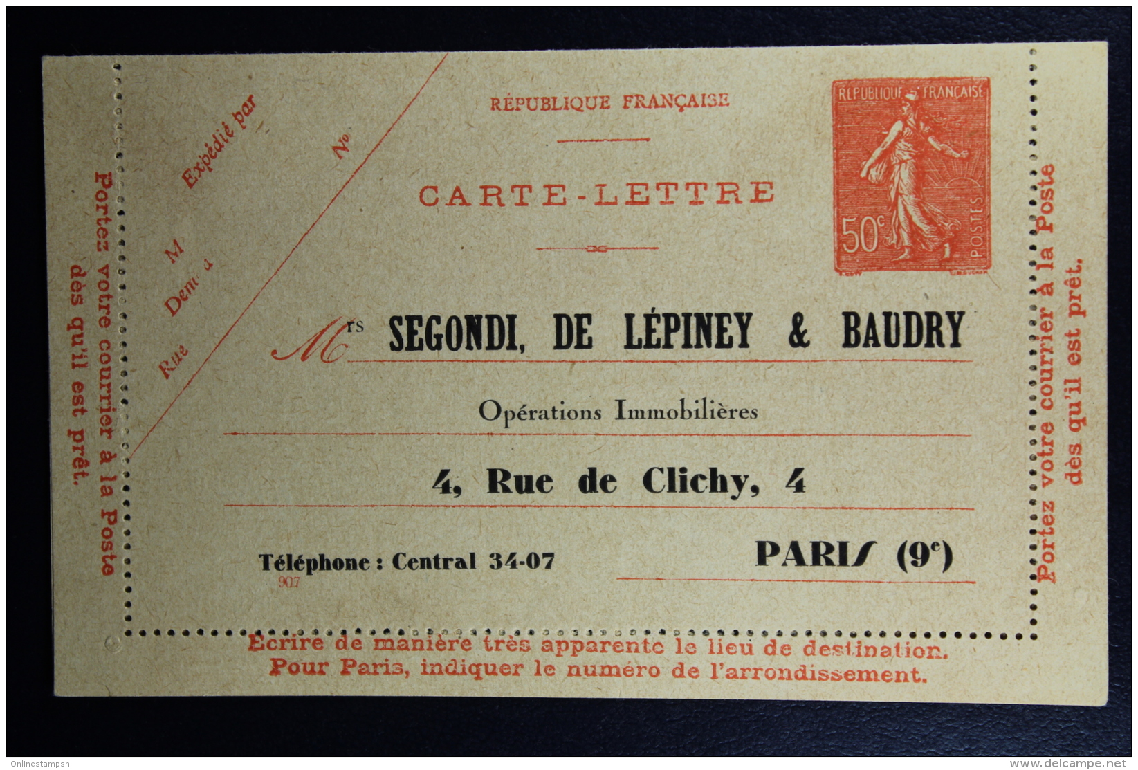 France: Carte-Lettre Privees  Semeuse 50 C   Segondi De Lepiney &amp; Baudry  Not Used  RRR - Cartes-lettres