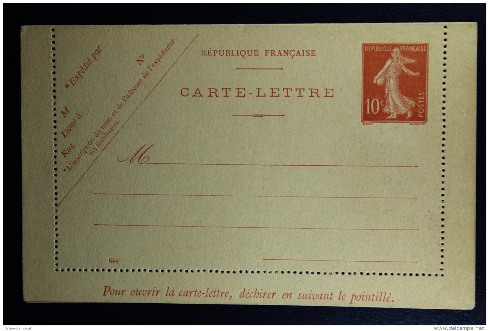 France: Carte-Lettre  Semeuse Camee  10 C.   Type E8  Ciffre Maigre Not Used   Date 644  Mi K 33 A - Letter Cards